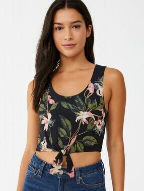 Floral Tie-Front Crop Tank Top - Black/Pink